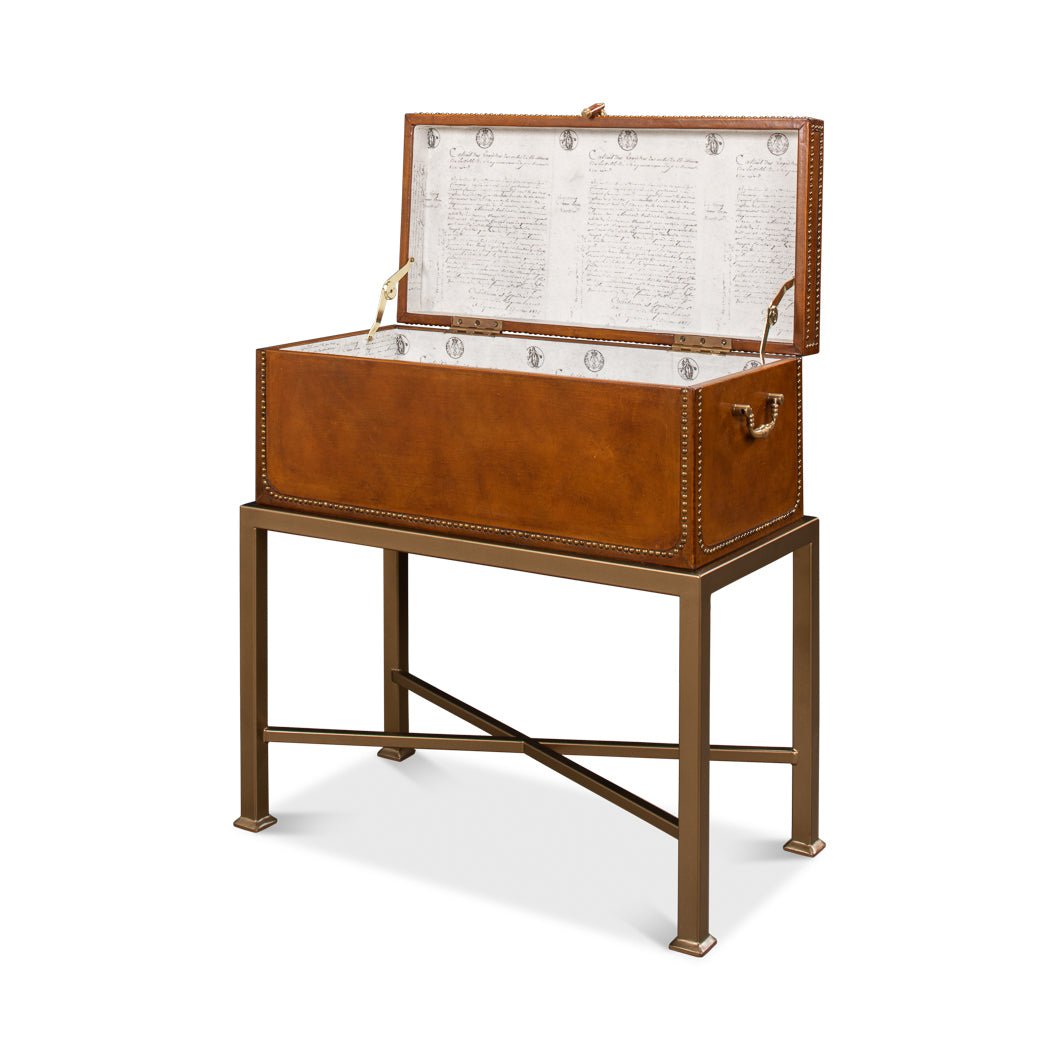 Open English leather box on stand, angled view.