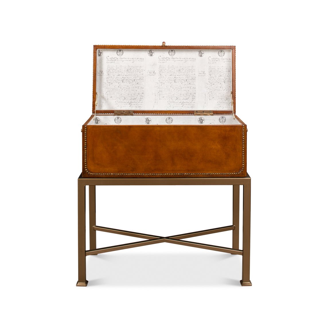 Open English leather box on stand, front view.