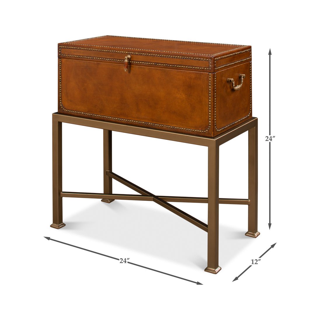 English leather box on stand, dimensions shown.