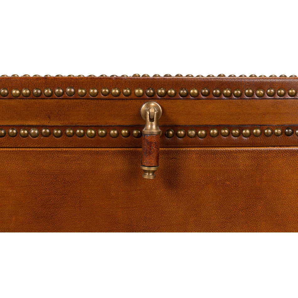 Close-up of English leather box lock detail.