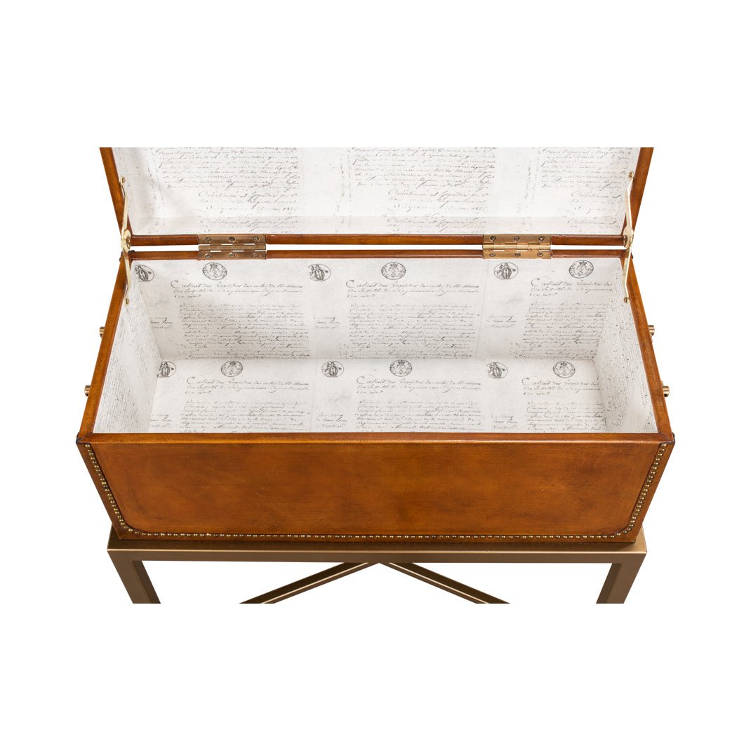 Interior of open English leather box, top view.