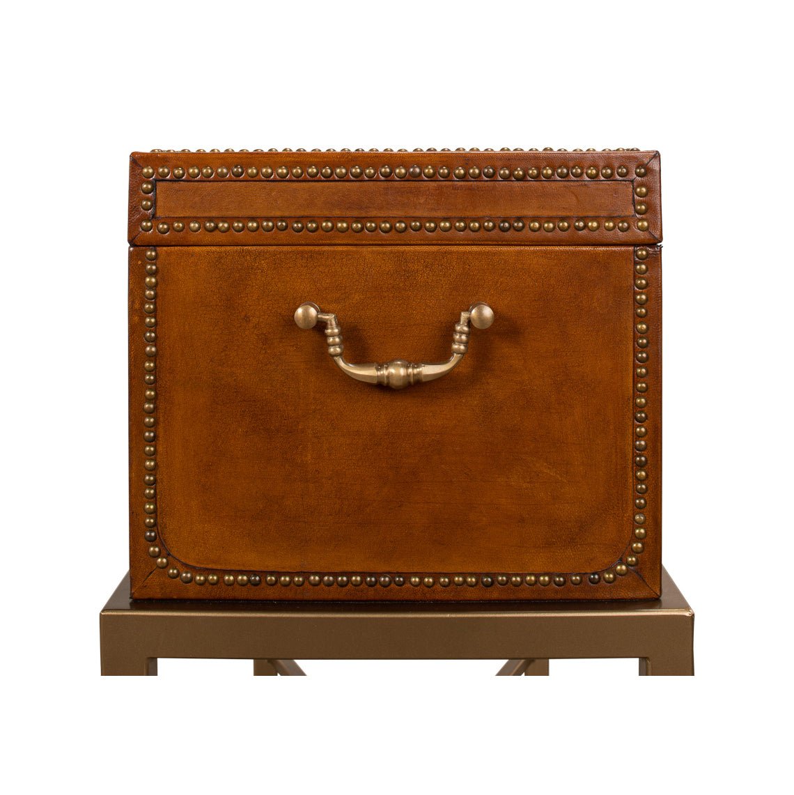 Side view of English leather box with handle.