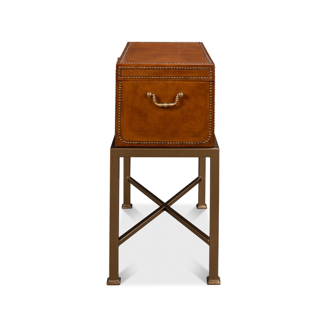 Side angle of English leather box on stand.