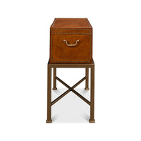Side angle of English leather box on stand.