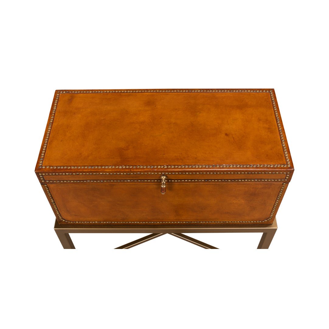 Top view of closed English leather box on stand.