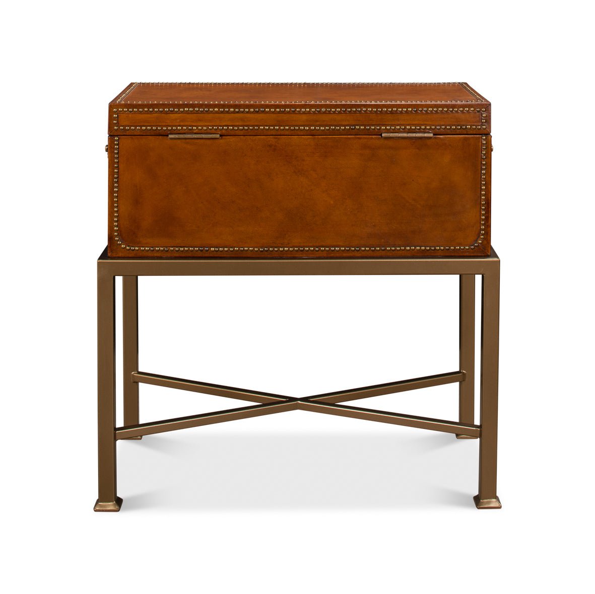 English leather box on stand, closed, front view.