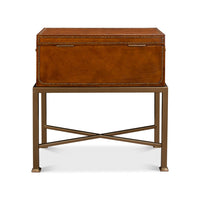 English leather box on stand, closed, front view.