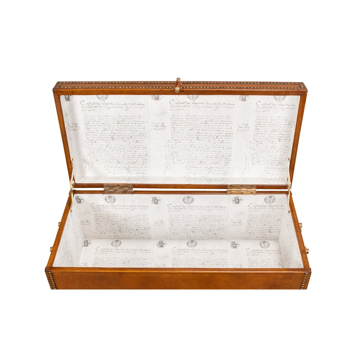 Inside detail of English leather box, open top view.