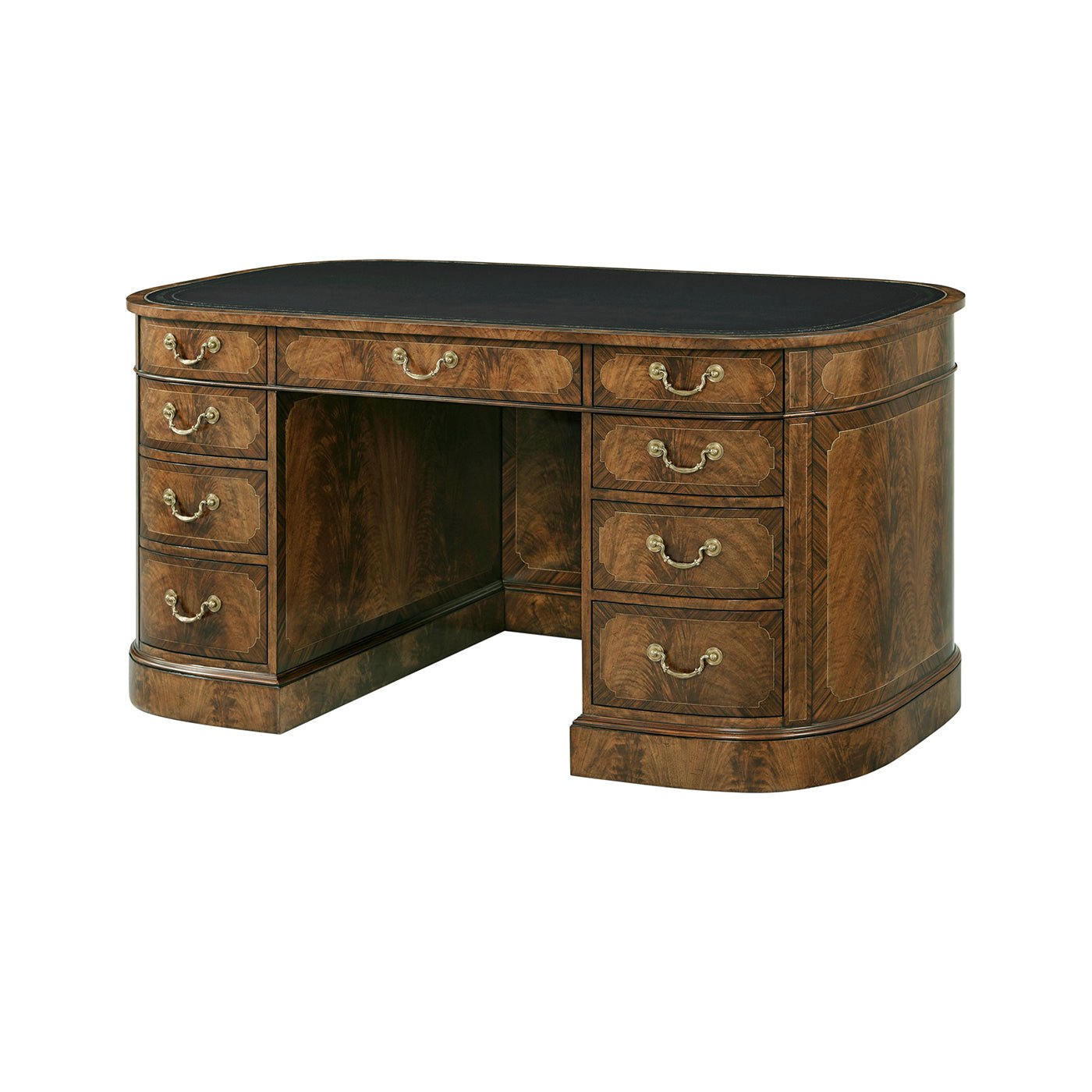 English leather top desk, angled side view, wooden design.