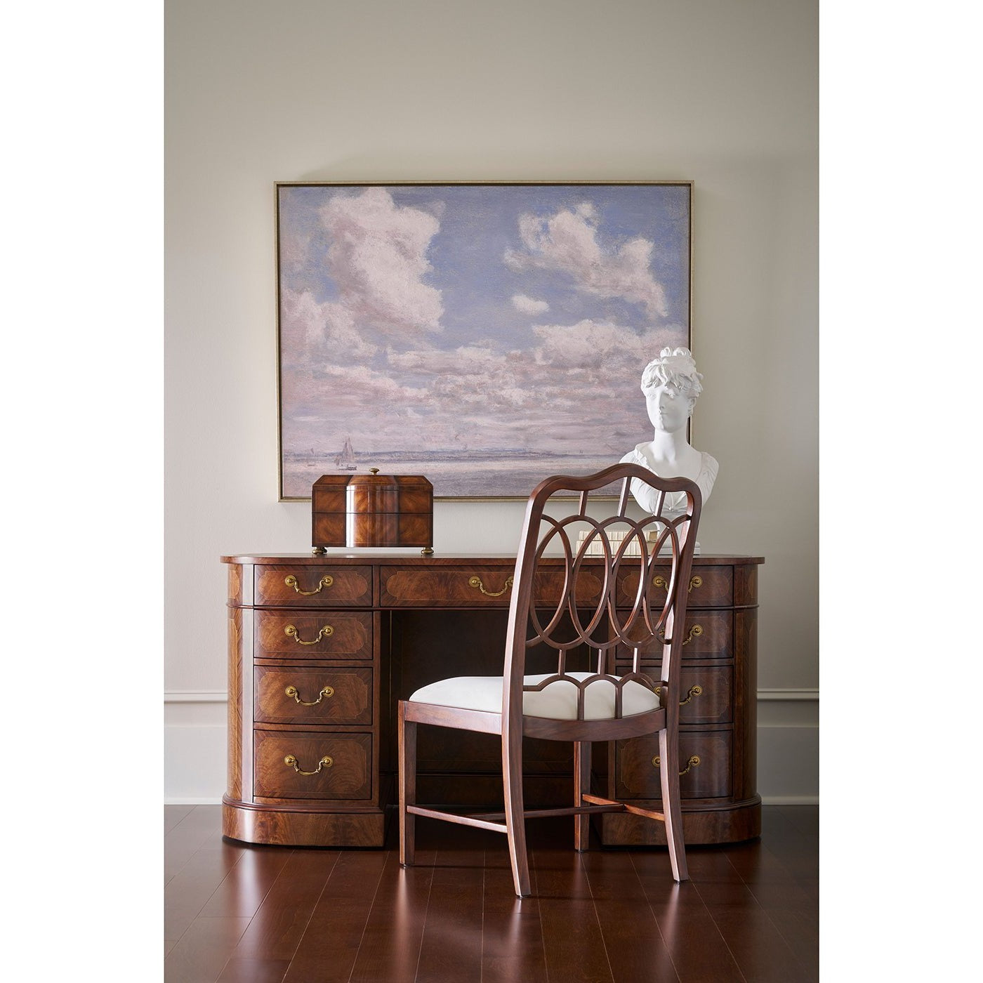 English leather top desk, complete room setup, elegant ambiance.