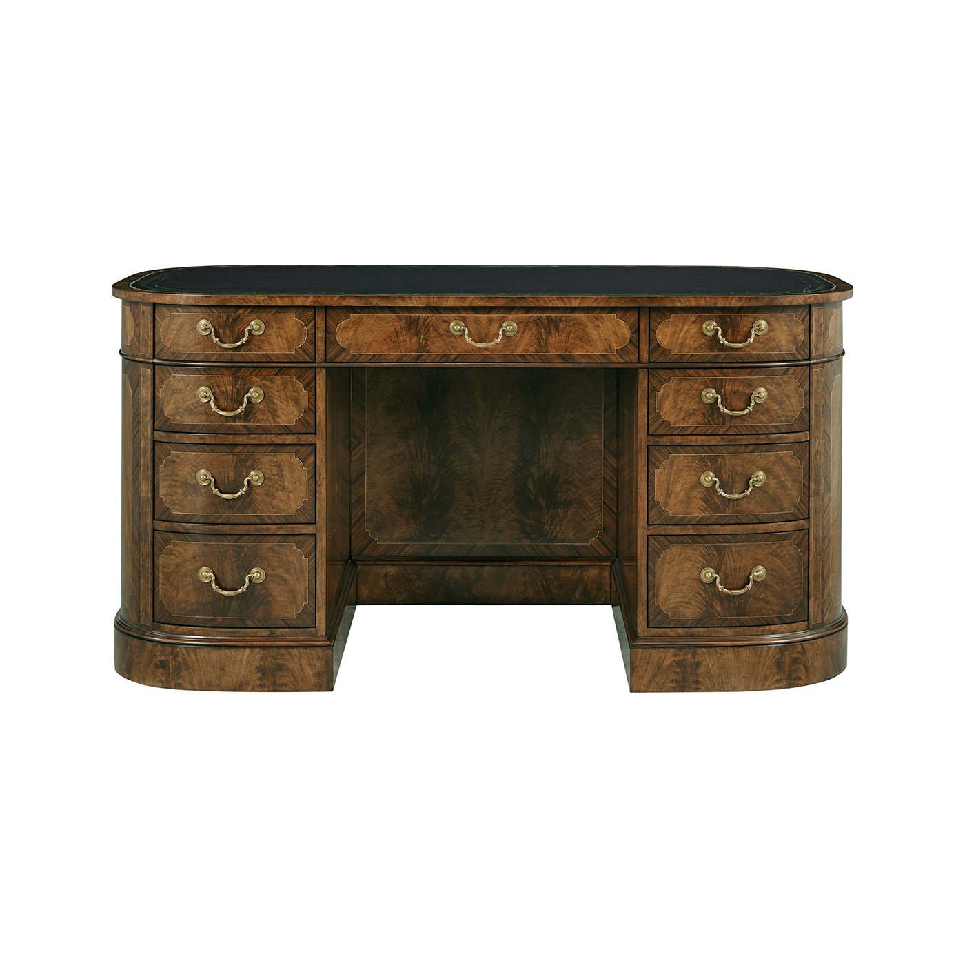 English leather top desk, front view, elegant drawers.