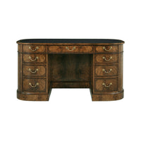 English leather top desk, front view, elegant drawers.