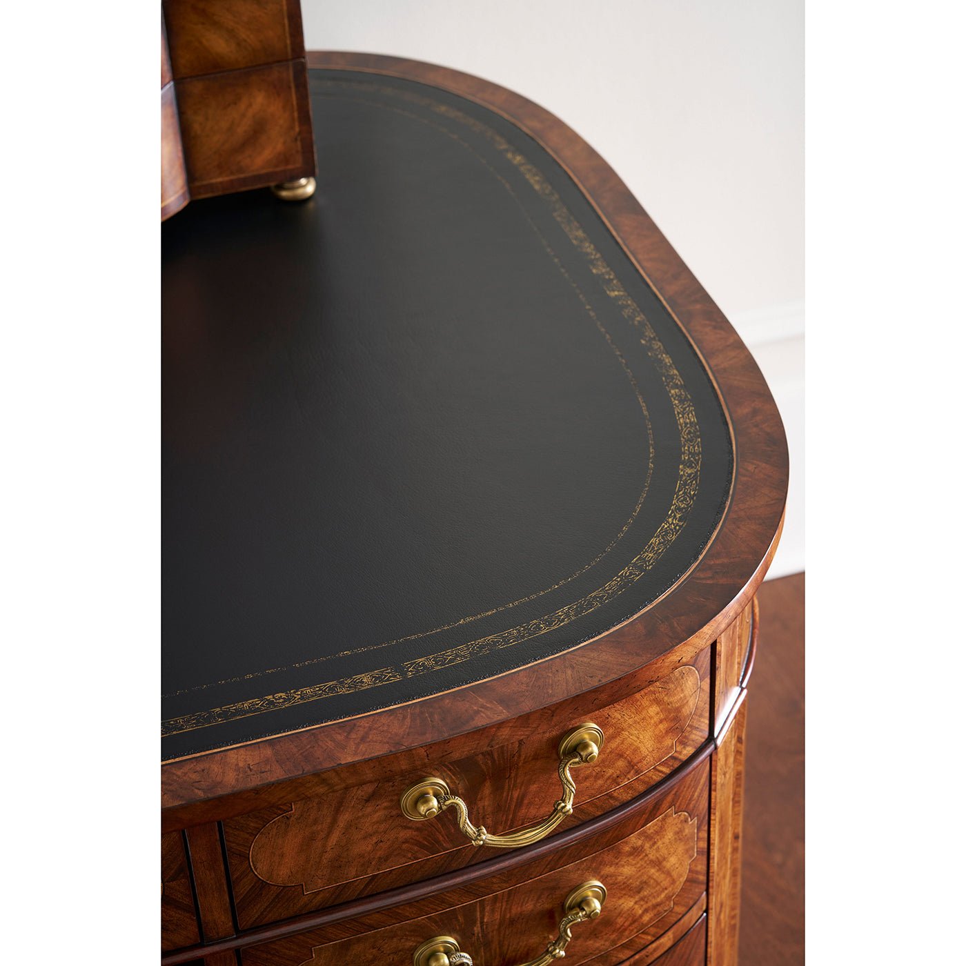 English leather top desk, detailed leather inlay on top surface.