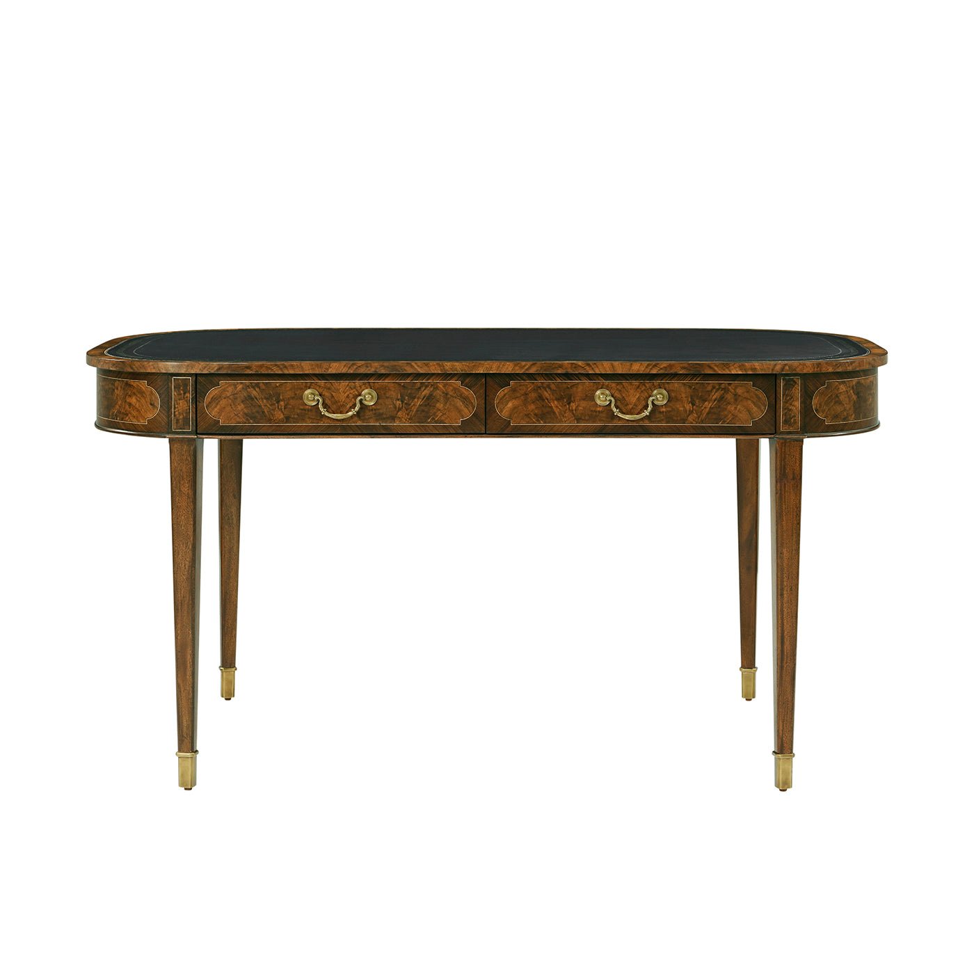 Front view of English leather top writing table.
