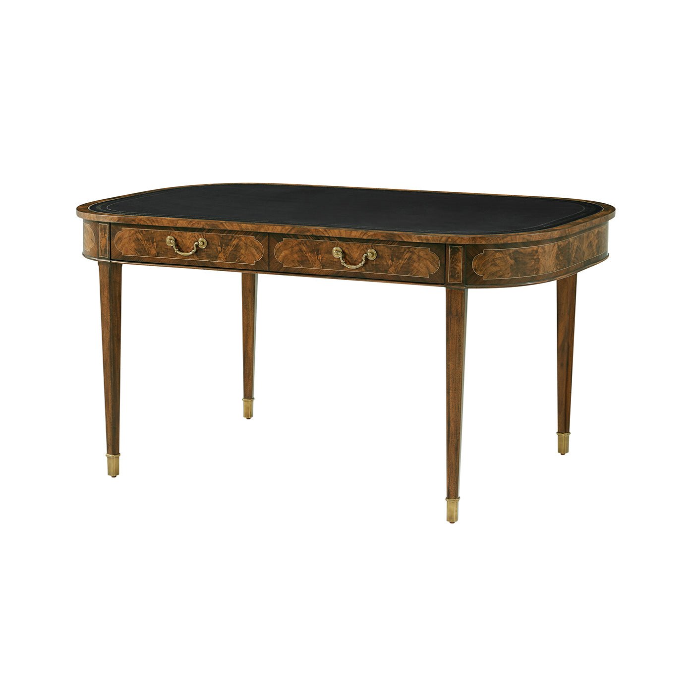 Leather top writing table, angled view, isolated background.