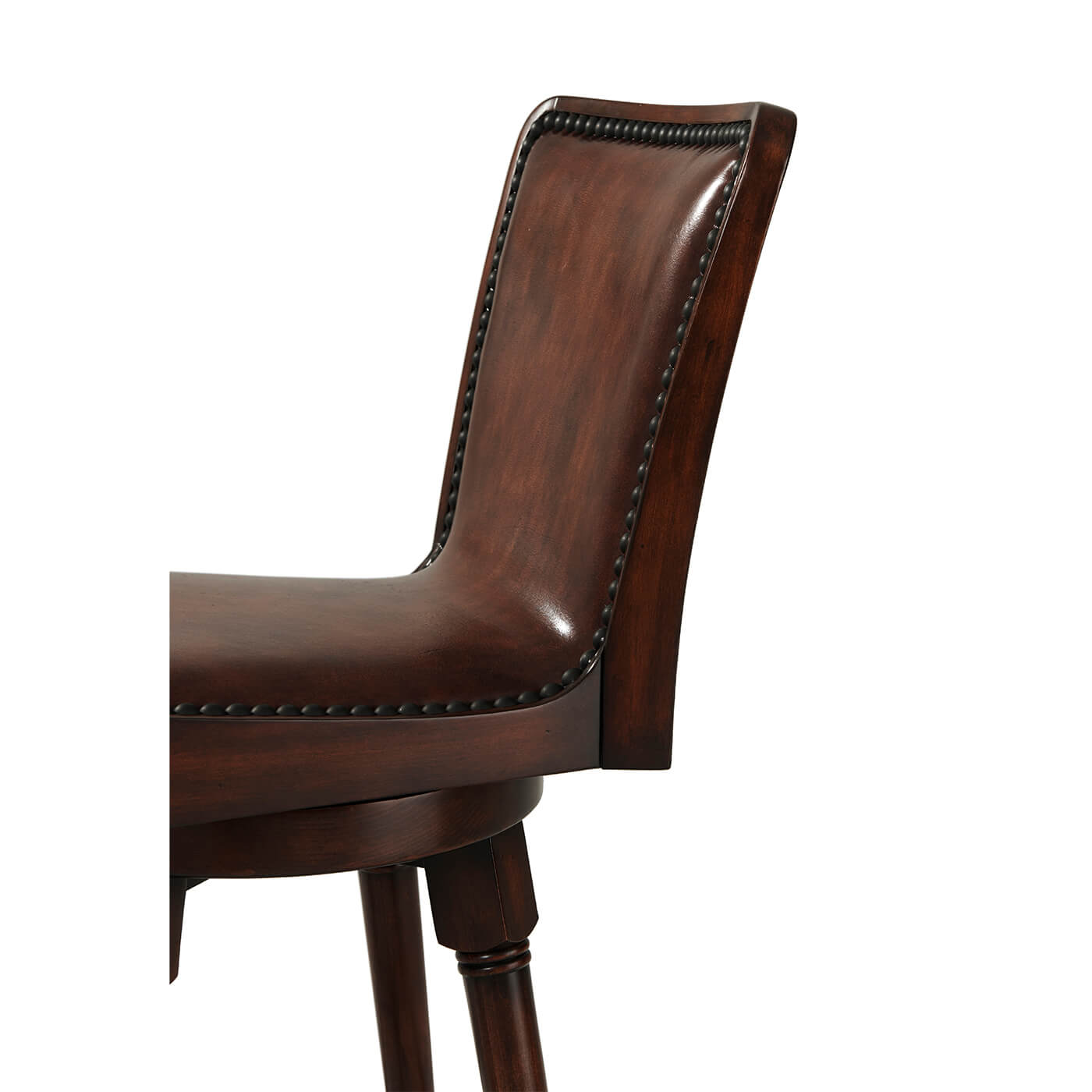 Close-up of leather backrest on swivel bar stool.