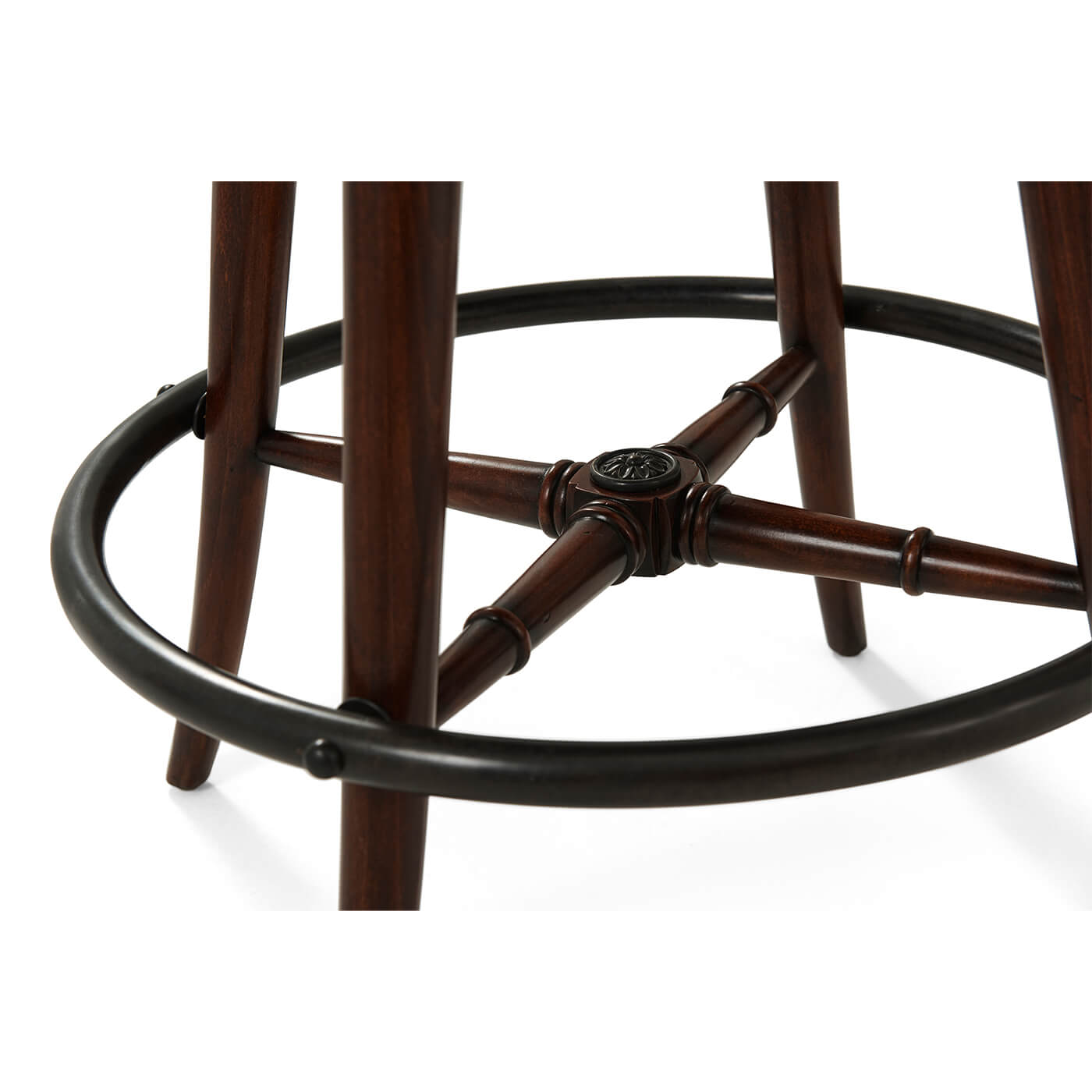 Footrest and leg detail on swivel bar stool.