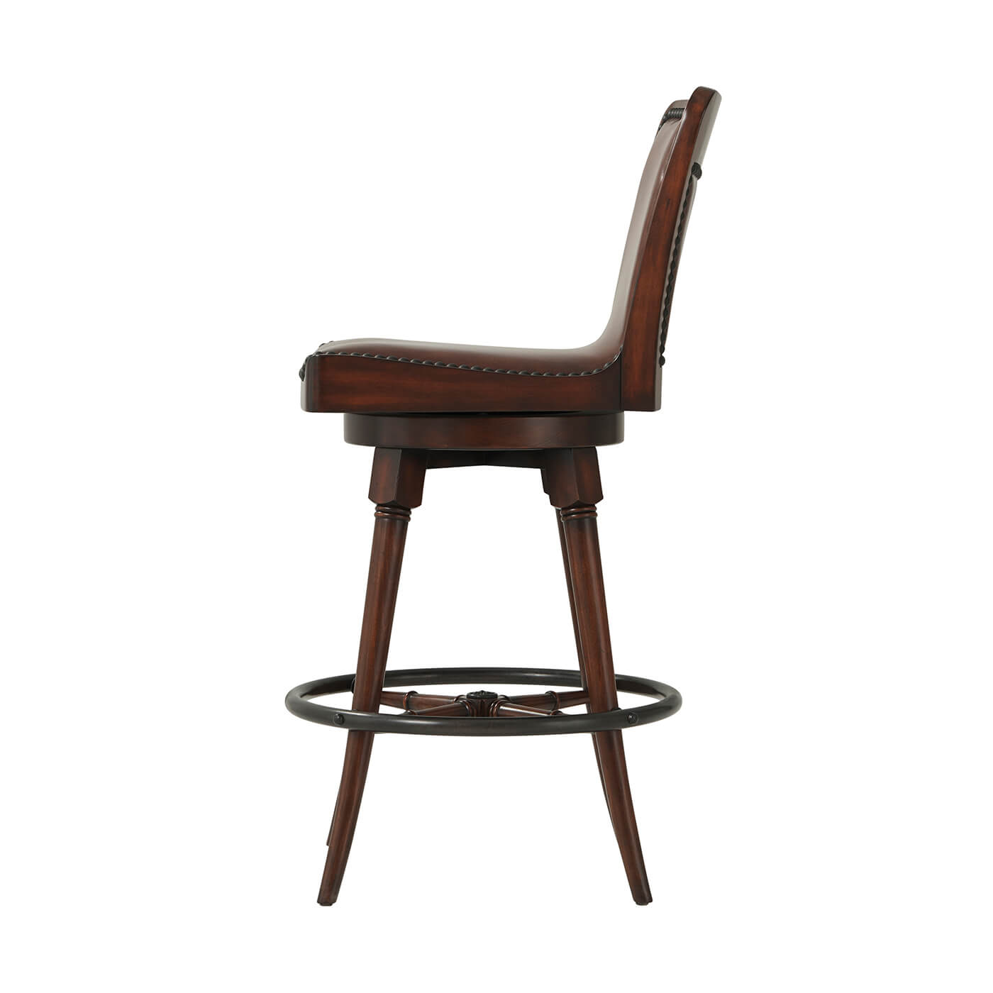 Side profile of leather upholstered swivel bar stool.