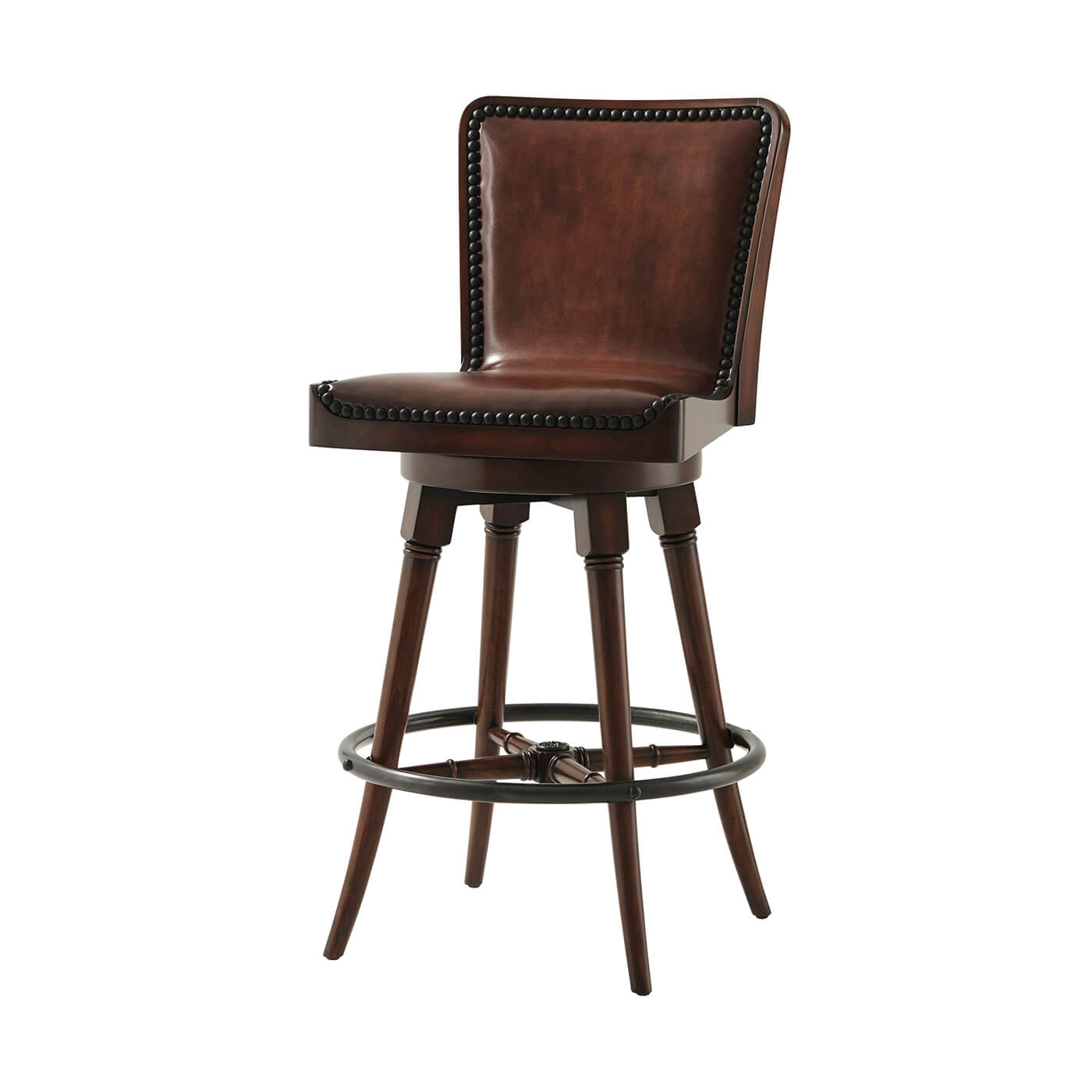 Front view of English leather swivel bar stool.