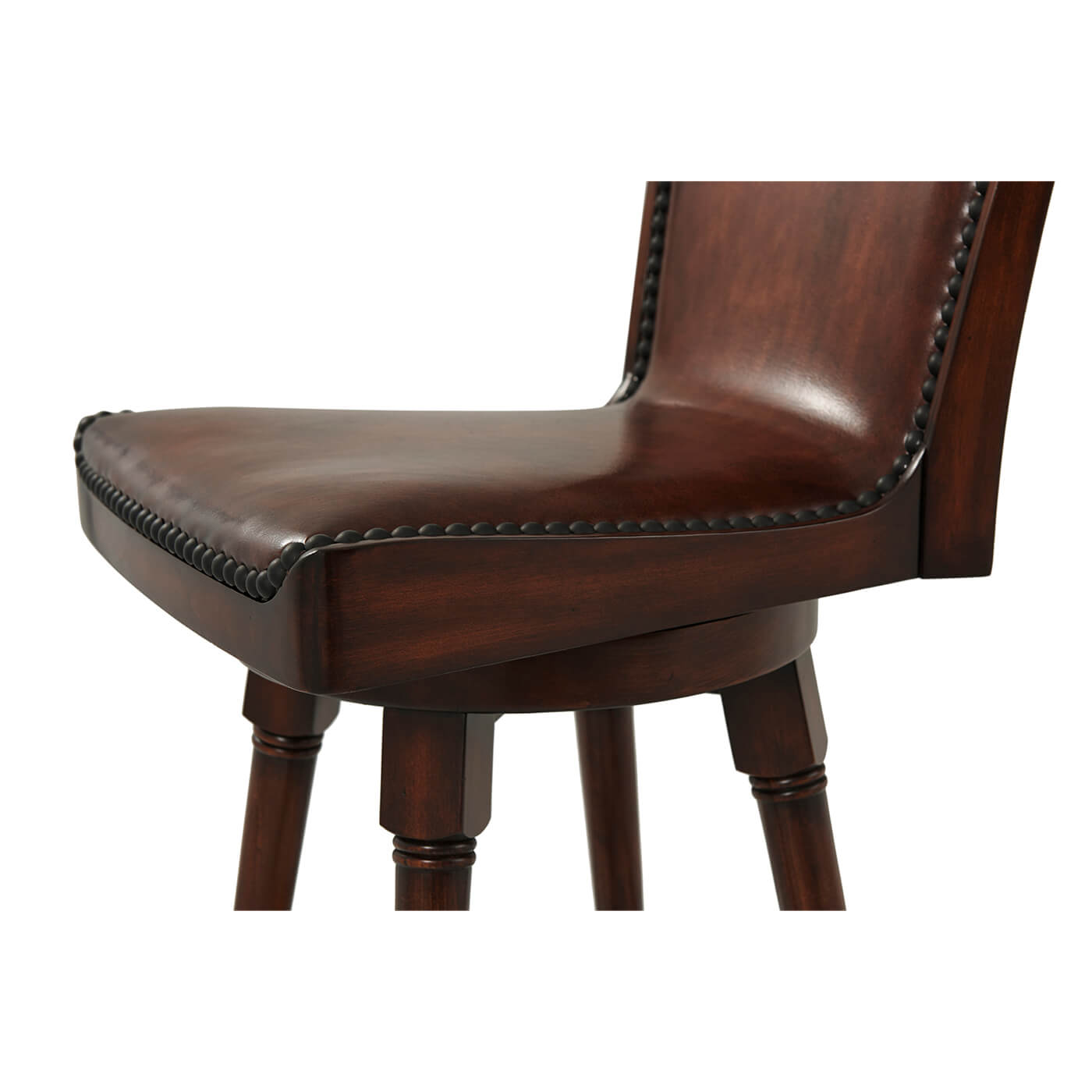 Detail of leather seat on swivel bar stool.