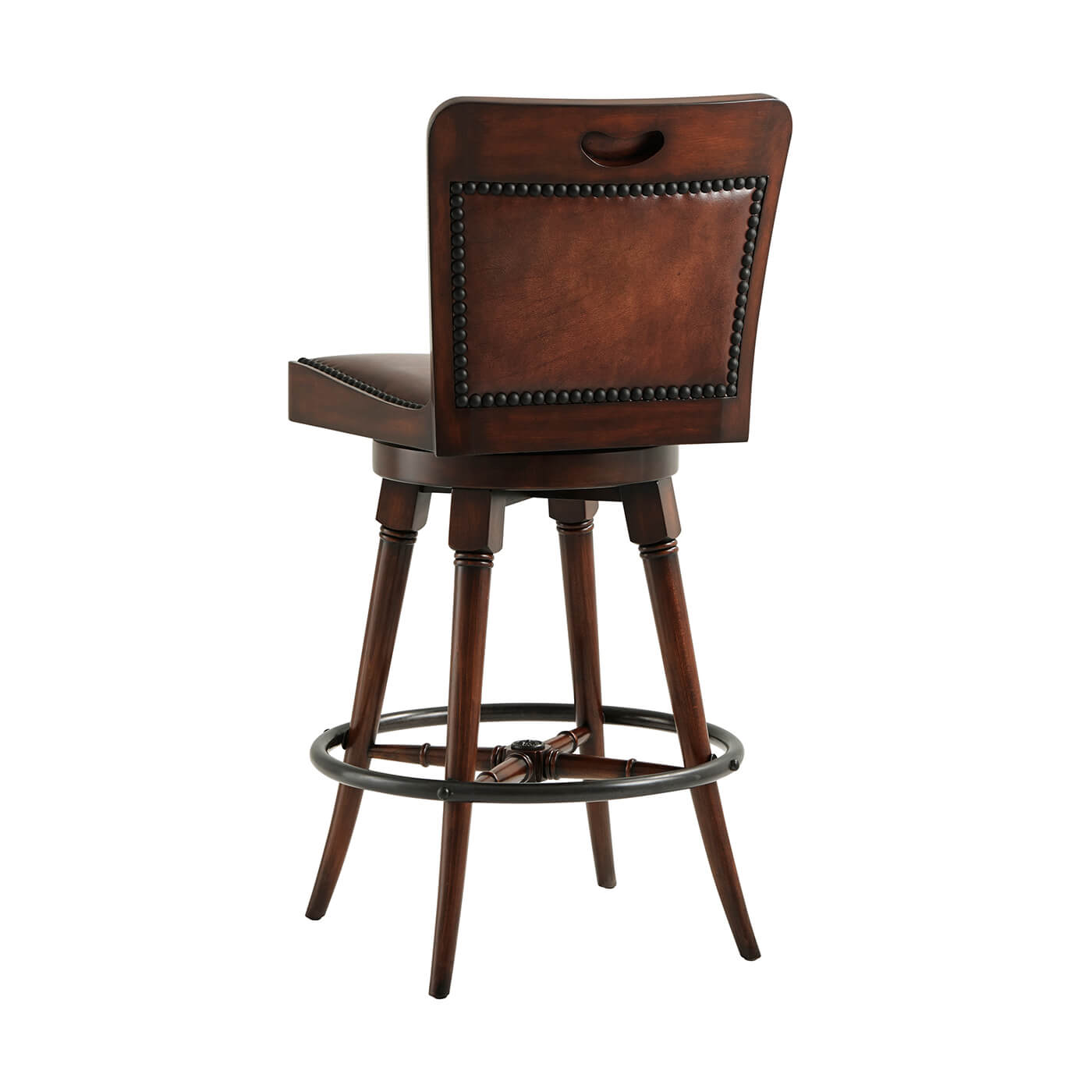 Back view of leather swivel bar stool with detail.