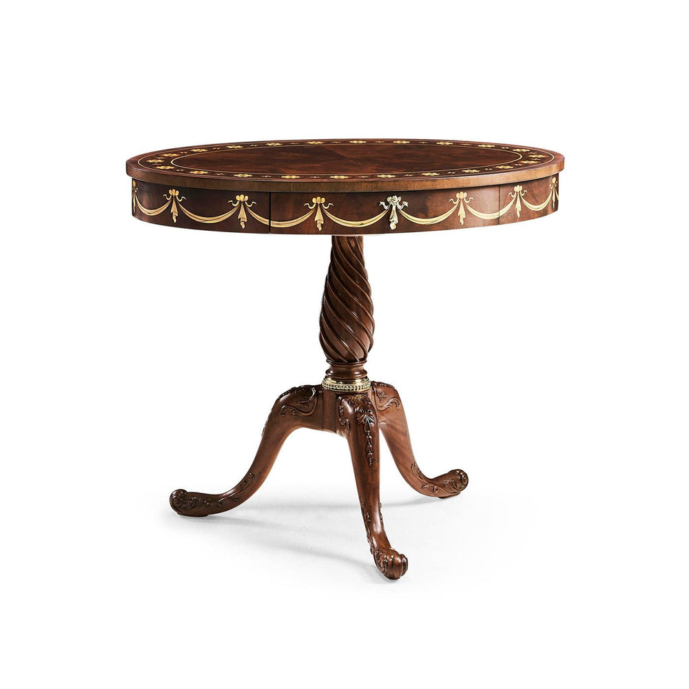 Oval mahogany side table, frontal view, intricate details.
