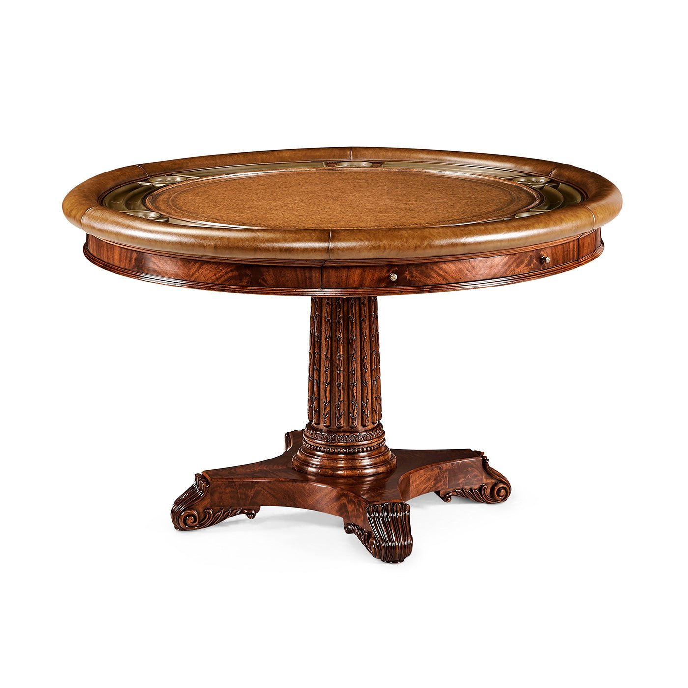 Round poker table front view, English mahogany, elegant design.