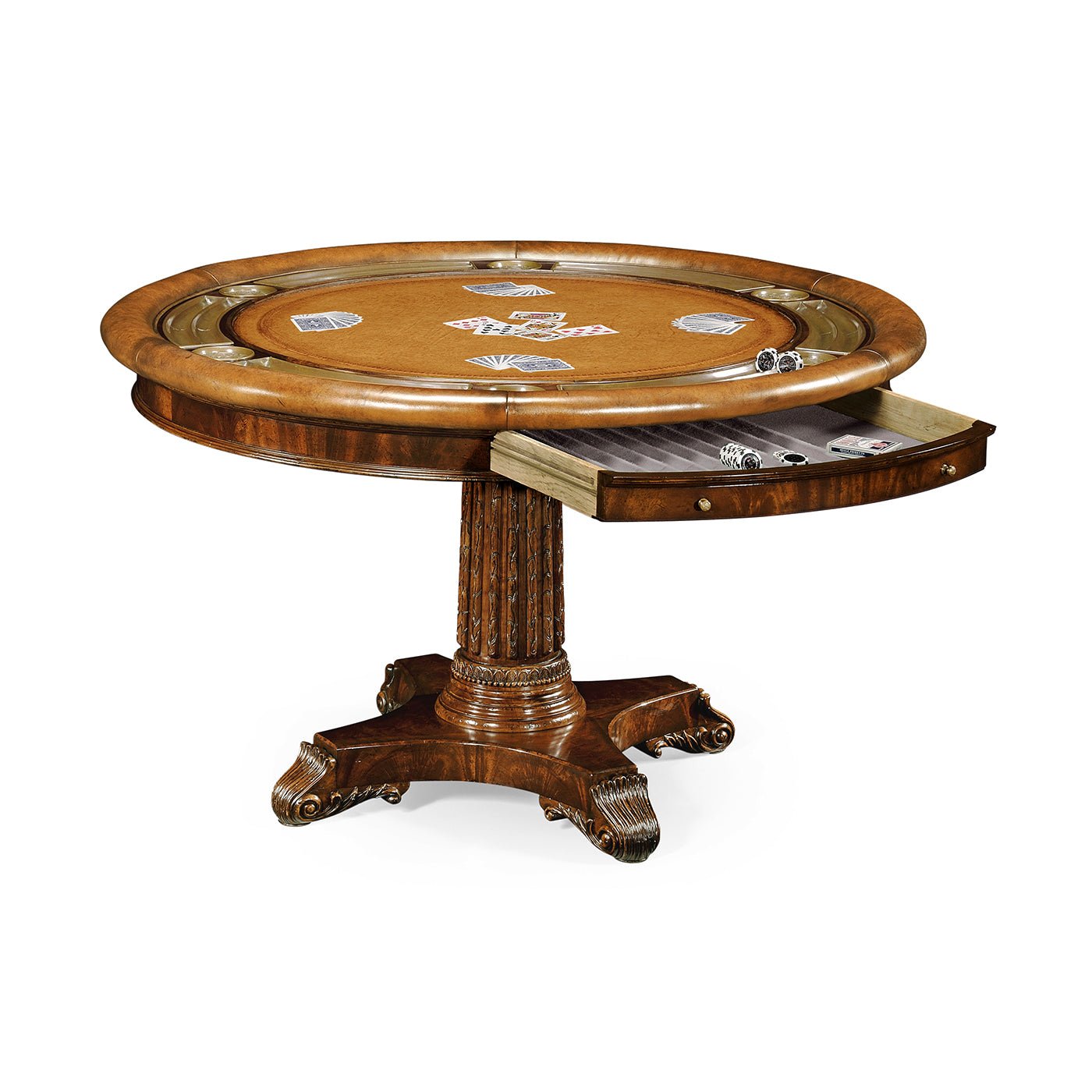 Poker table with gaming items, open drawer view, mahogany.