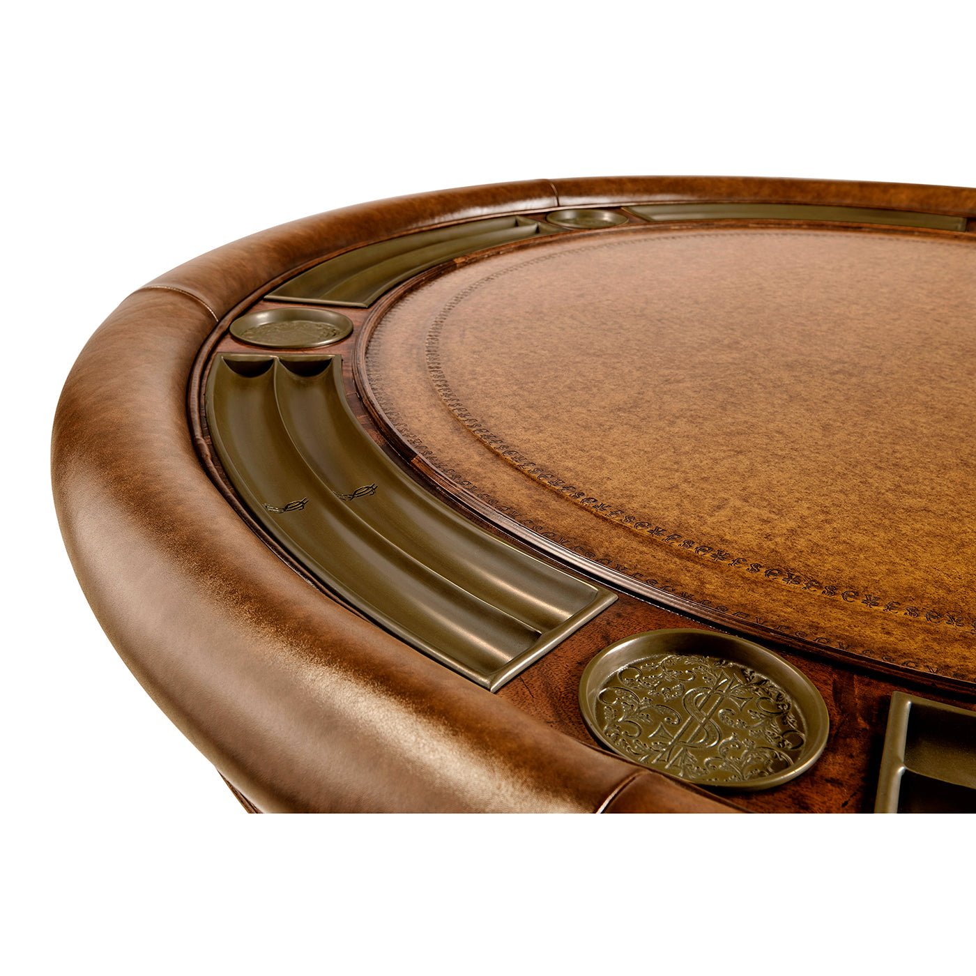 Close-up poker table edge with cup holders, leather trim.
