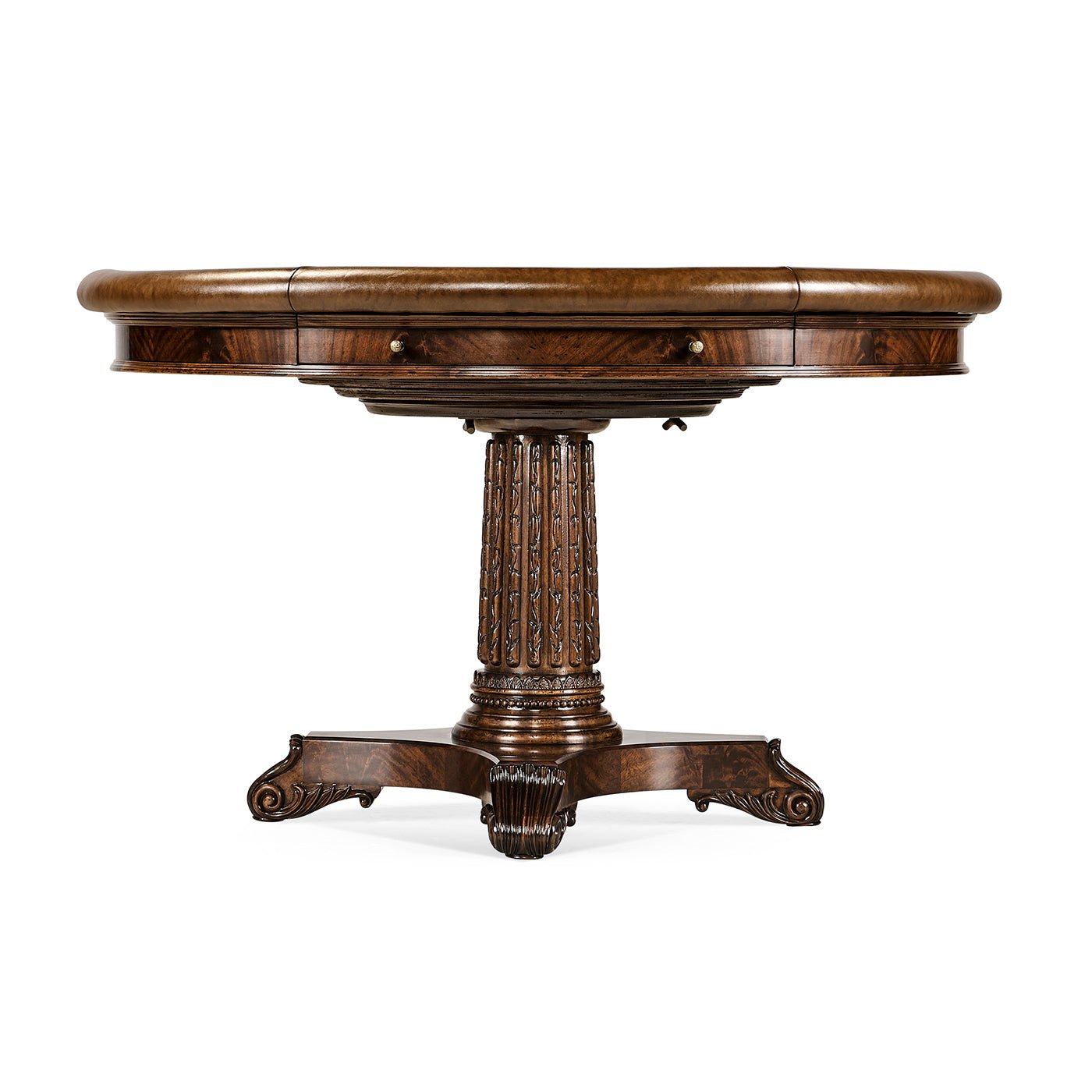 Side view of mahogany poker table, ornate pedestal base.