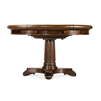 Side view of mahogany poker table, ornate pedestal base.