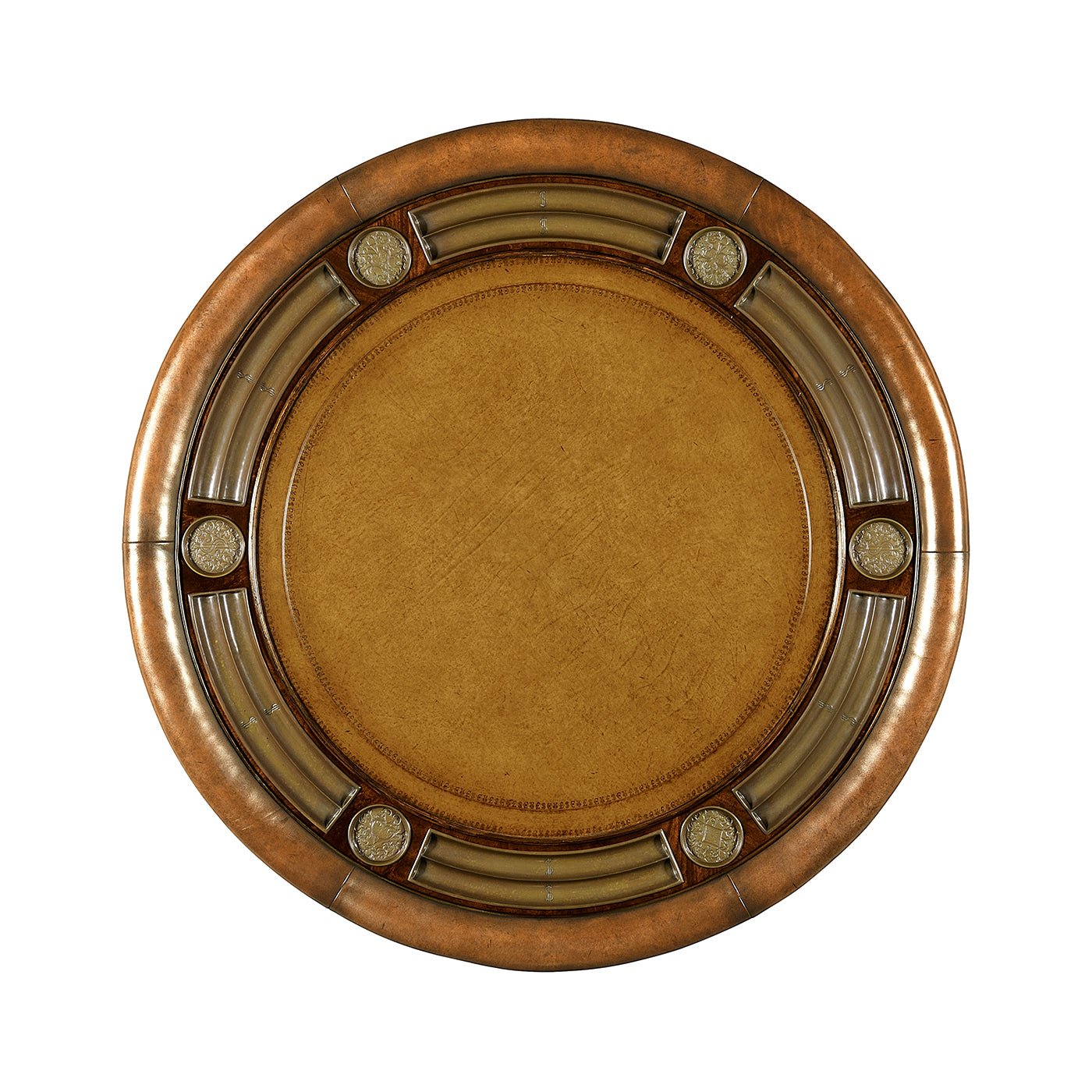 Top view of poker table, round leather surface design.