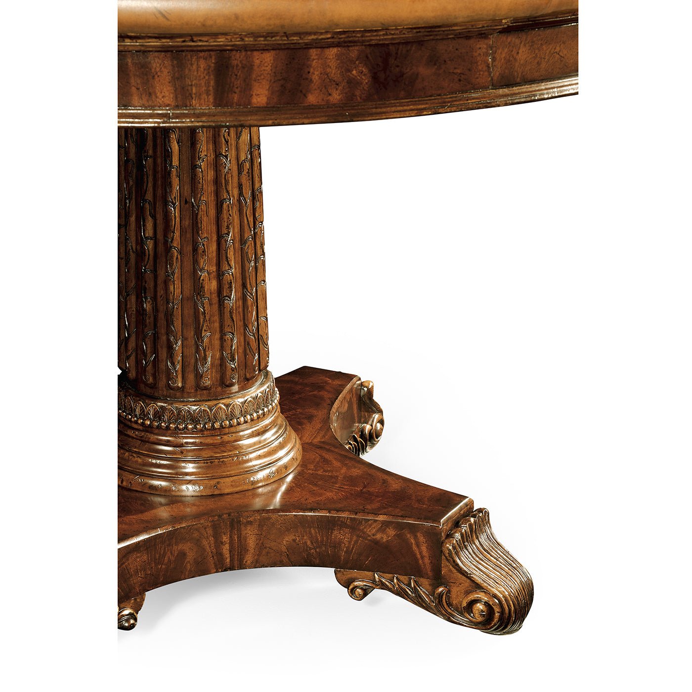 Close-up pedestal and base of poker table, detailed carving.