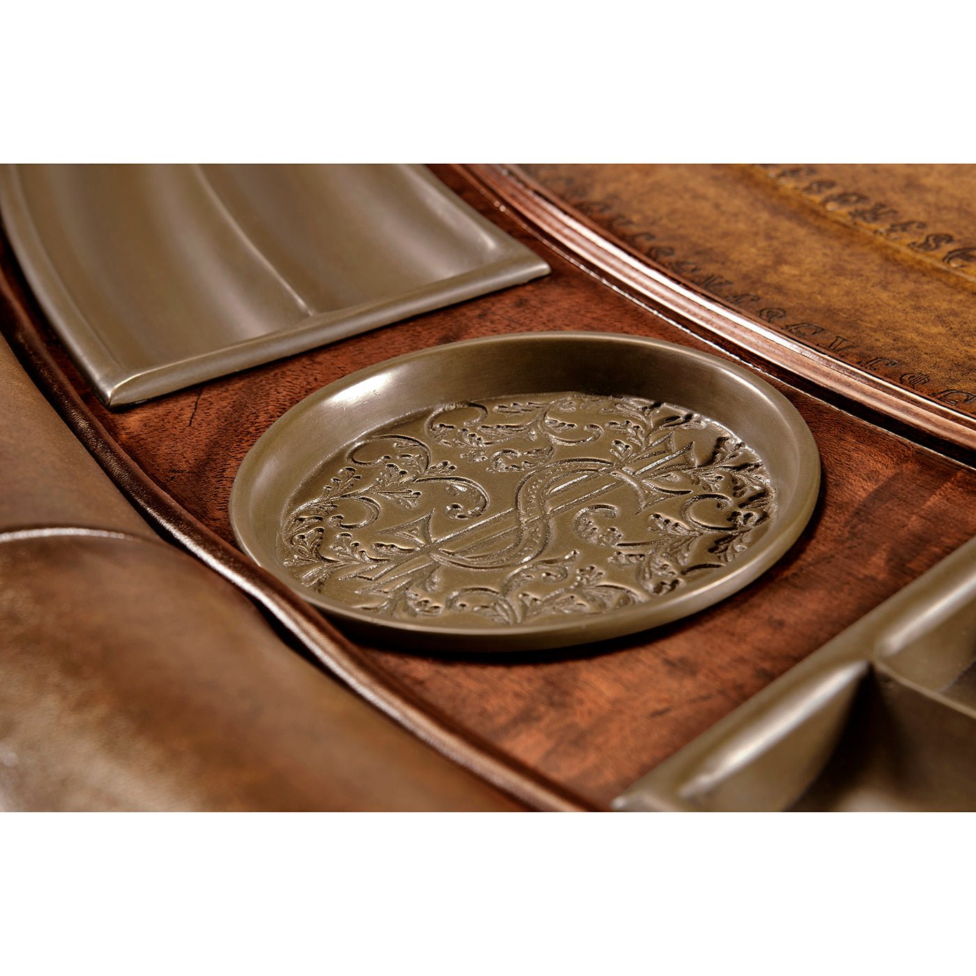 Poker table insert tray, decorative metal detail, elegant design.