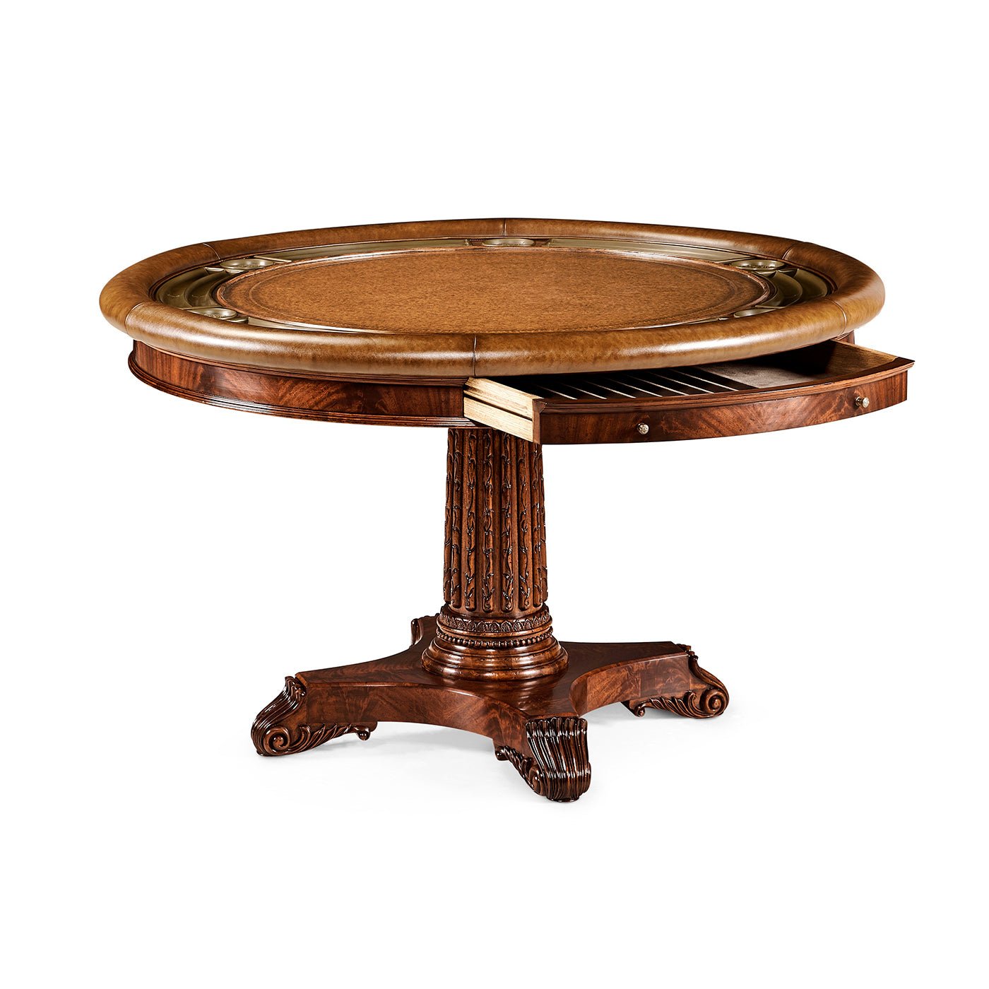 Poker table with open drawer detail, mahogany craftsmanship.