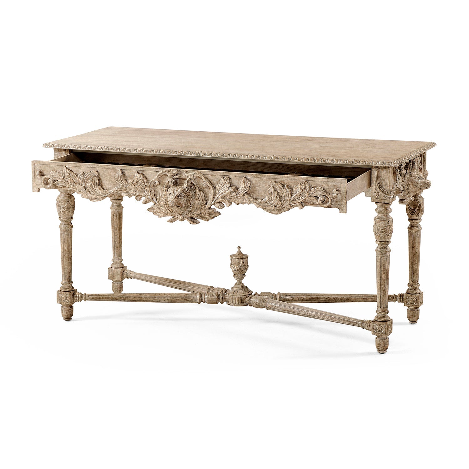 Console table with open drawer, detailed view.