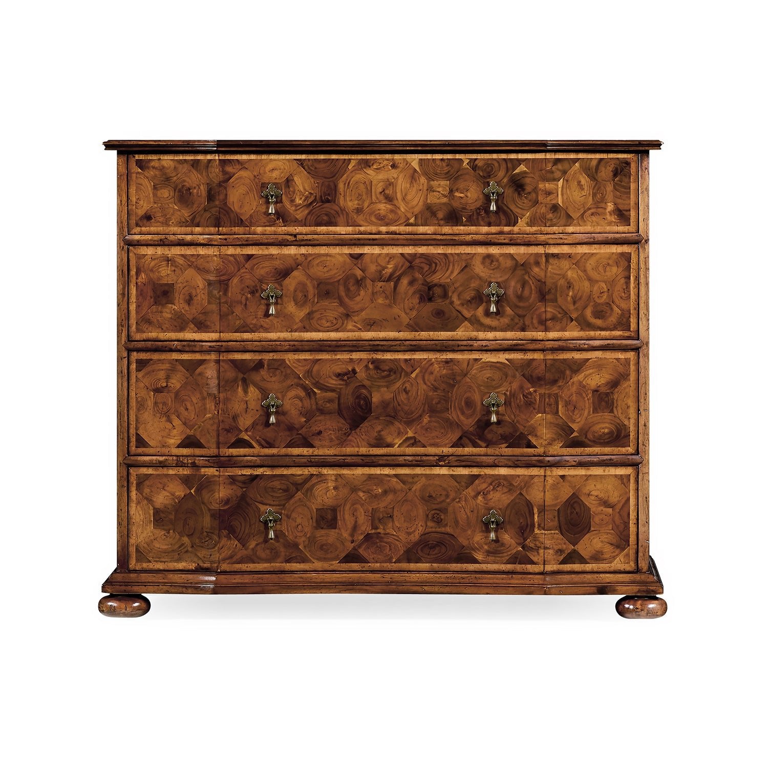 William and Mary style chest, front view, all drawers closed.
