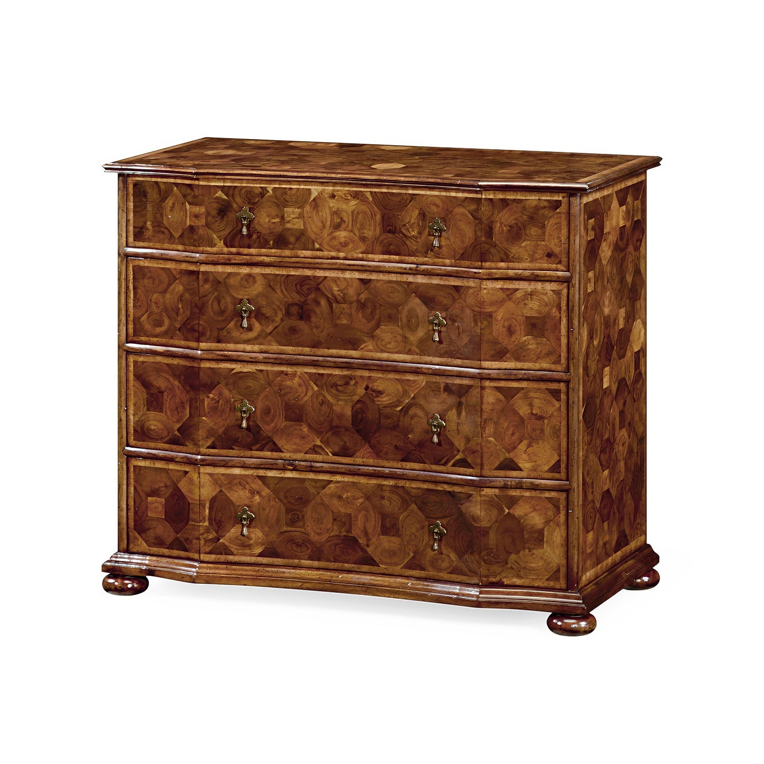 William and Mary style chest, angled view, all drawers closed.