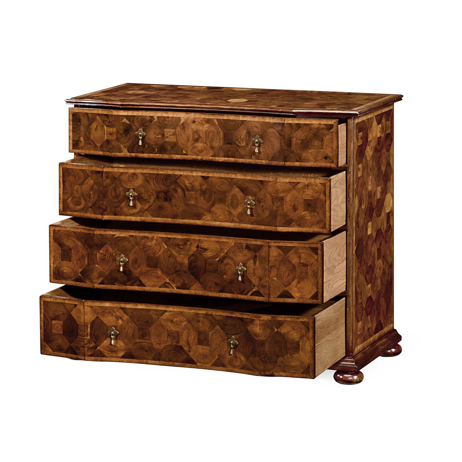 William and Mary style chest, angled view, some drawers open.