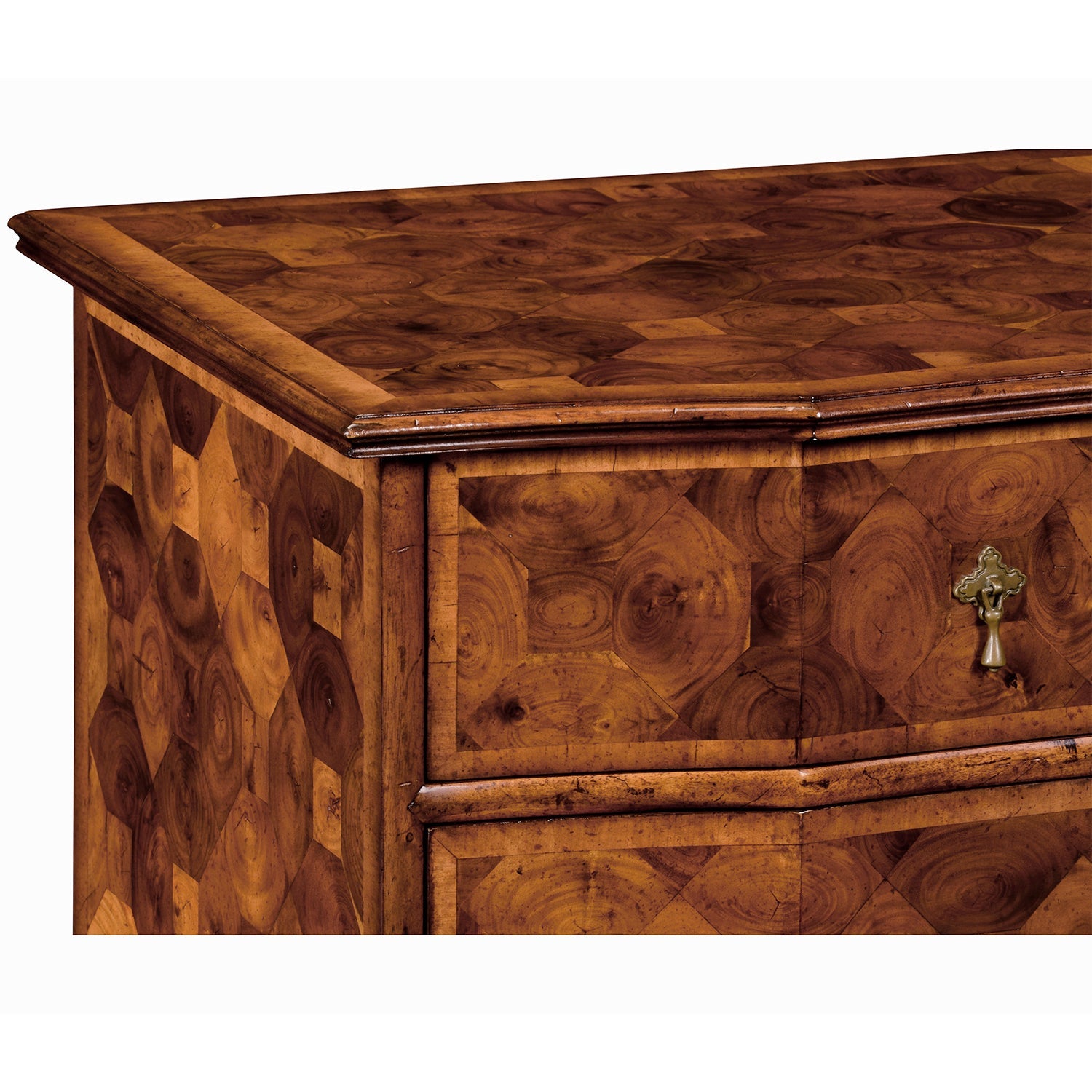 Close-up of William and Mary chest corner and drawer detail.
