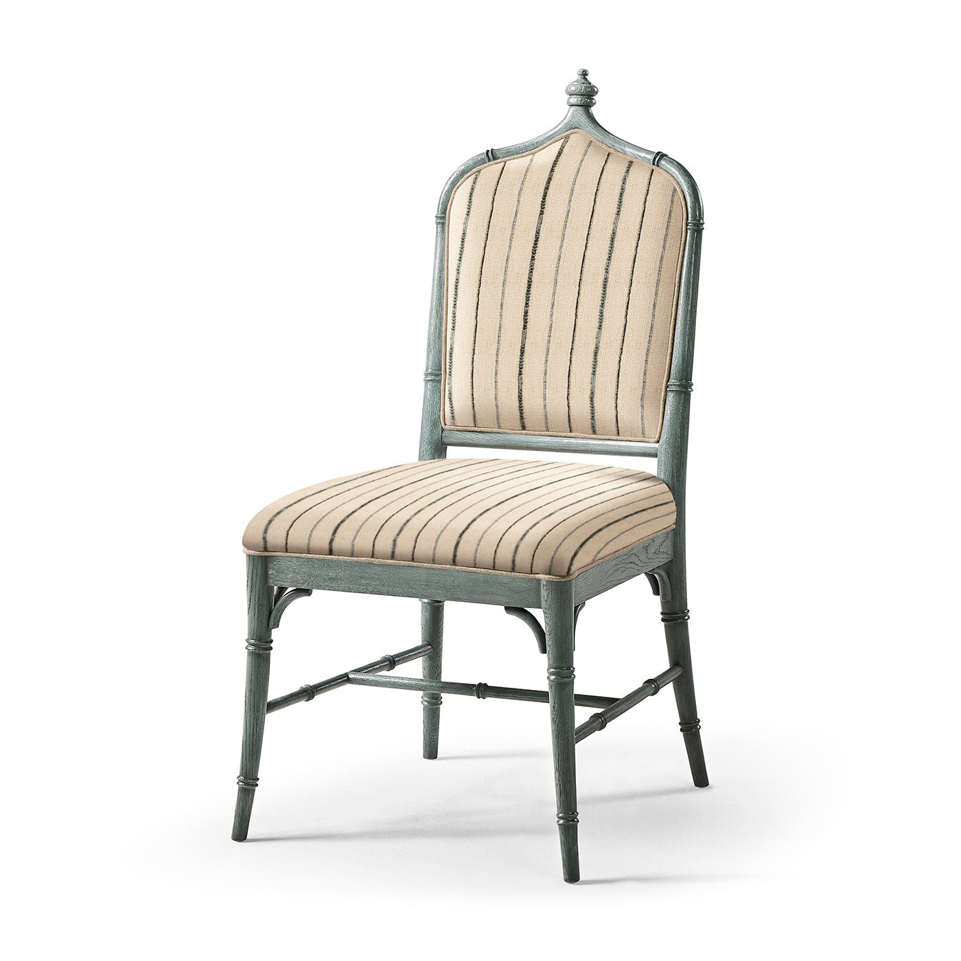 Striped upholstered dining chair, front angle view.