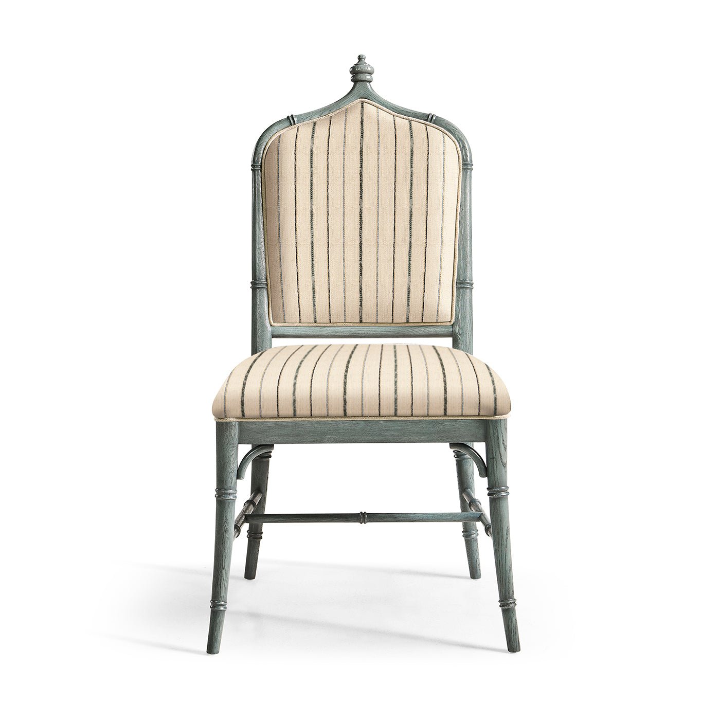 Striped dining chair, front view of wooden frame.