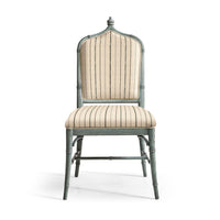 Striped dining chair, front view of wooden frame.