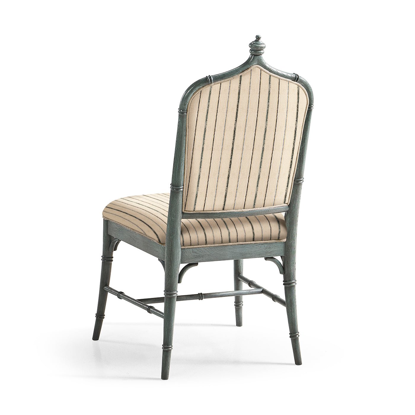 Dining chair, back view showcasing striped upholstery.