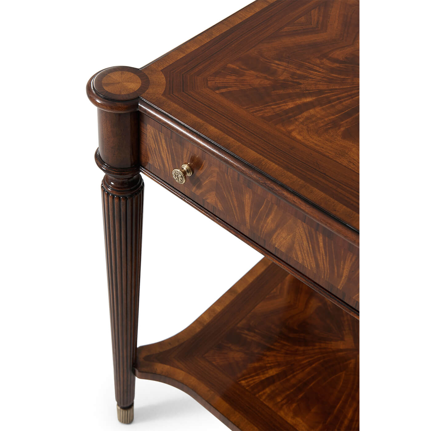 Detailed view of end table corner and drawer handle.