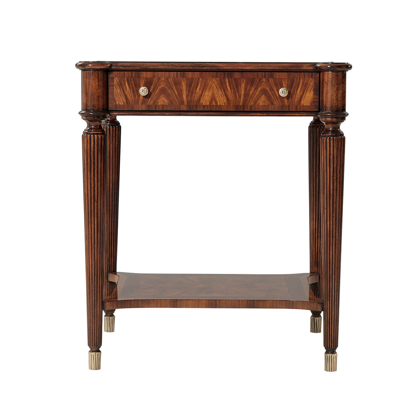 Front view of end table with drawer and reeded legs.