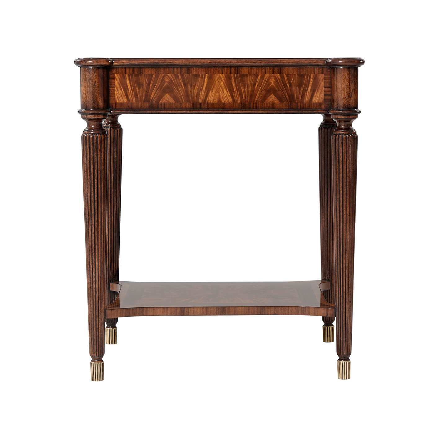 Side view of end table, showcasing reeded legs.