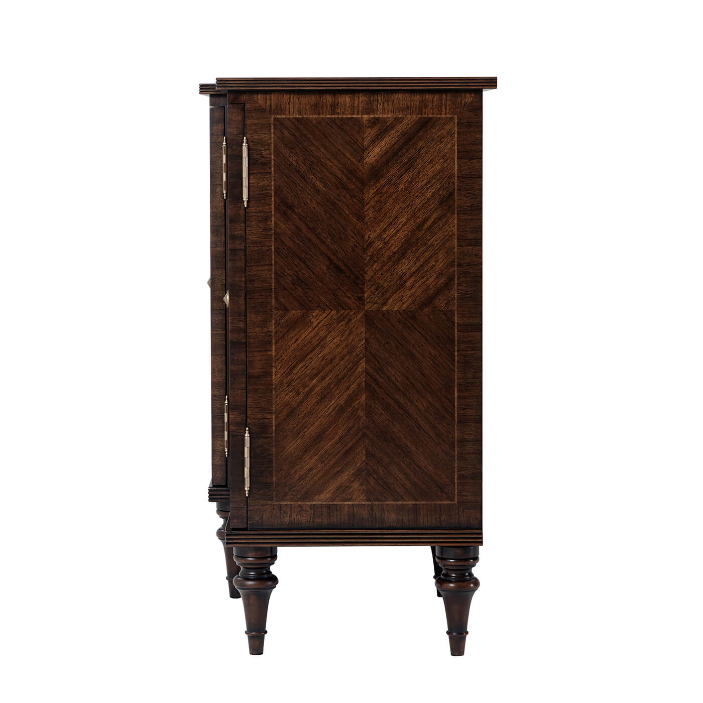 Side view of breakfront credenza with intricate detailing.