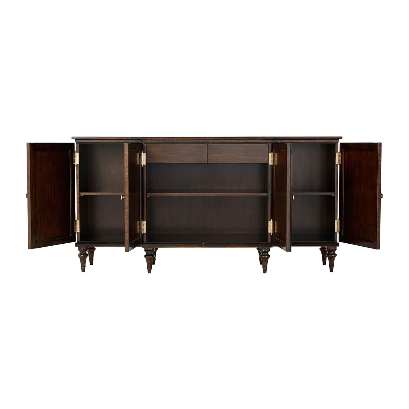 Breakfront credenza with open doors and shelves.