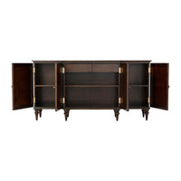 Breakfront credenza with open doors and shelves.